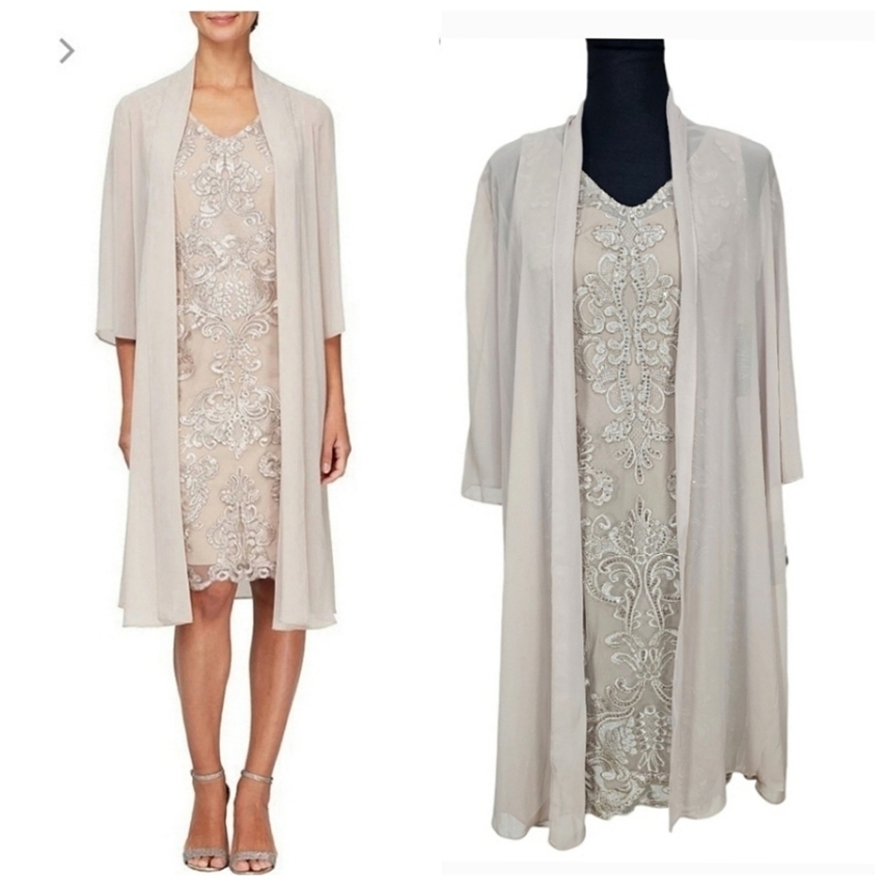 Alex Evenings Dress Sz 6P V-Neck Sheath With Longline Chiffon Jacket Taupe NWT